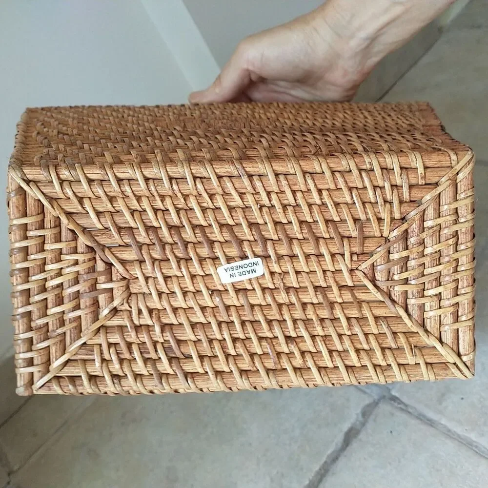 Wicker Rattan Basket Tight Braid Double Handle Rectangle Brown Cottage Indonesia